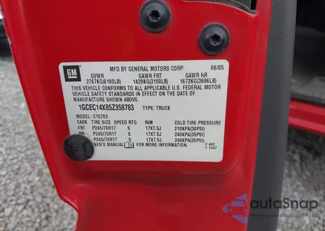 2005 Chevrolet Silverado 1500 Work Truck from USA, damaged, VIN 1GCEC14X85Z358783